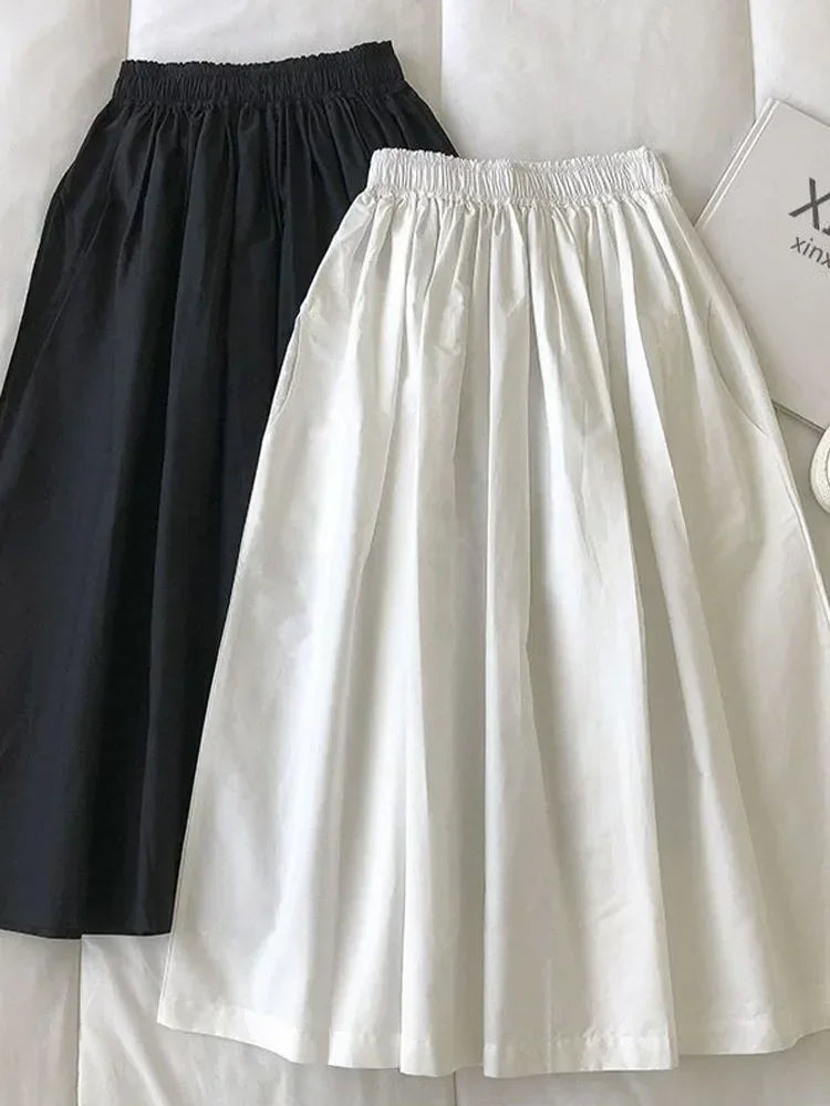 2025 NEW Women's White Long Skirt High Waist A-Line Knee-Length Fashion Pockets Pleated Casual Elegant Skirts for Autumn