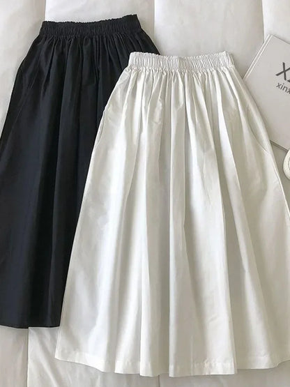2025 NEW Women's White Long Skirt High Waist A-Line Knee-Length Fashion Pockets Pleated Casual Elegant Skirts for Autumn