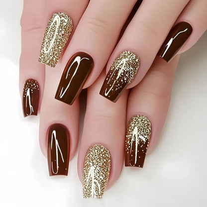 Short Medium long fake nails for women golden green pink blue sparkling glitter french tips ballet square almond press on nails
