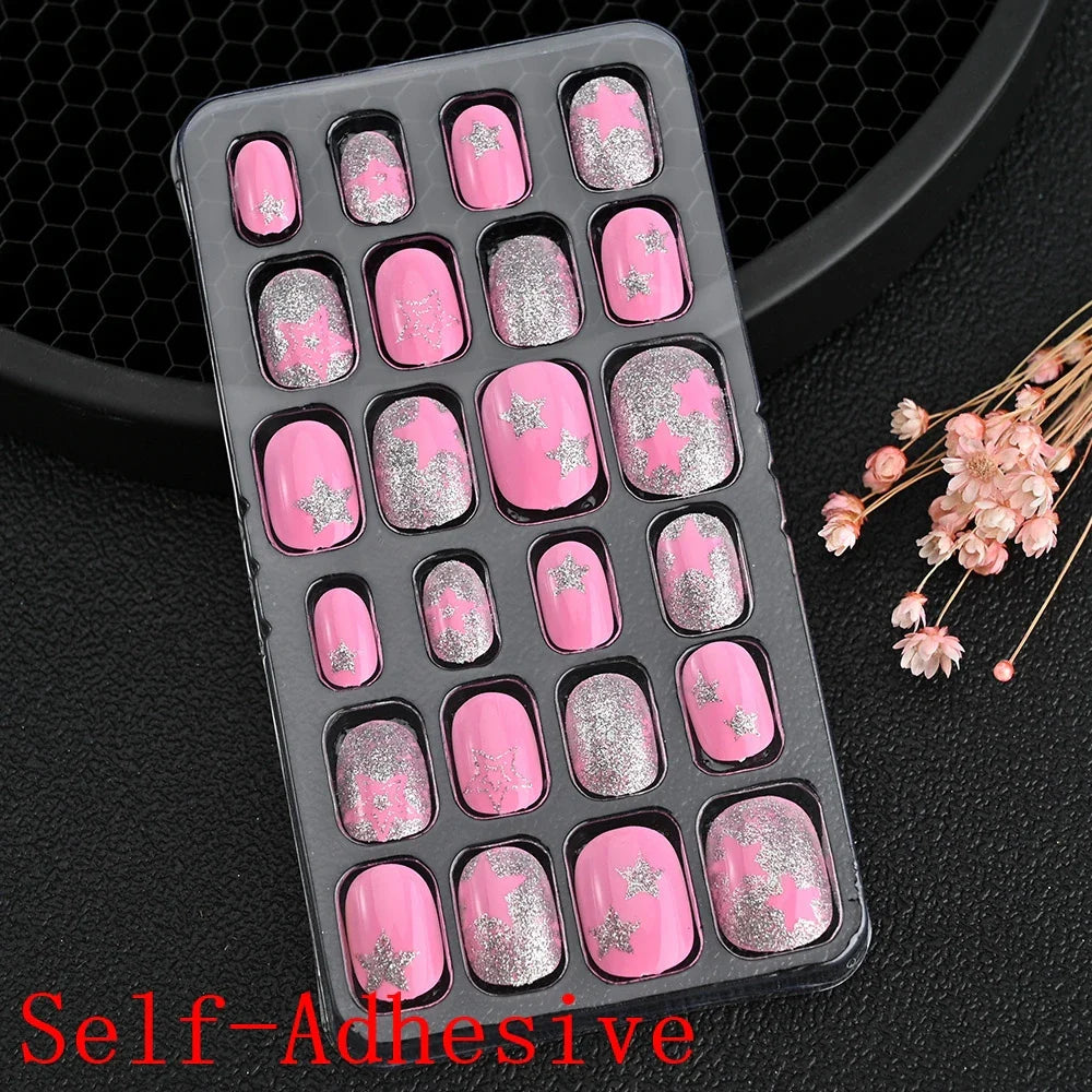 12pcs/Box Children Acrylic Fake Nails Safe Non-Toxic Adhesive Fake Nail DIY Artificial Fingernails for Girls Children's Day Gift