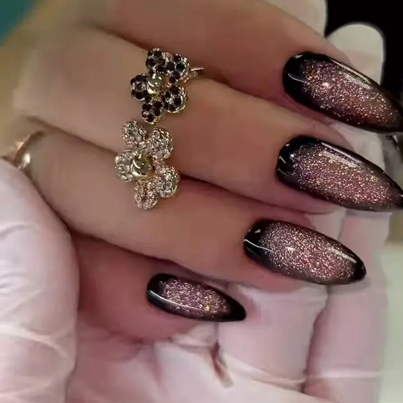 24pcs/set short middle fake nails super sparkling glitter flowers starry sky ballet square almond tips press on false nails art
