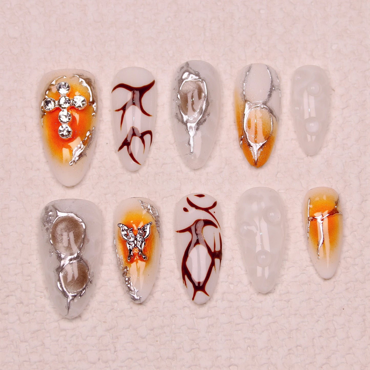 10Pcs Handmade Manicure Medium Almond Fake Nails Unique 3D New Cut bow Flowers Press On Nails Design with Adhesive Nail File Set