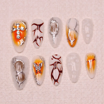 10Pcs Handmade Manicure Medium Almond Fake Nails Unique 3D New Cut bow Flowers Press On Nails Design with Adhesive Nail File Set