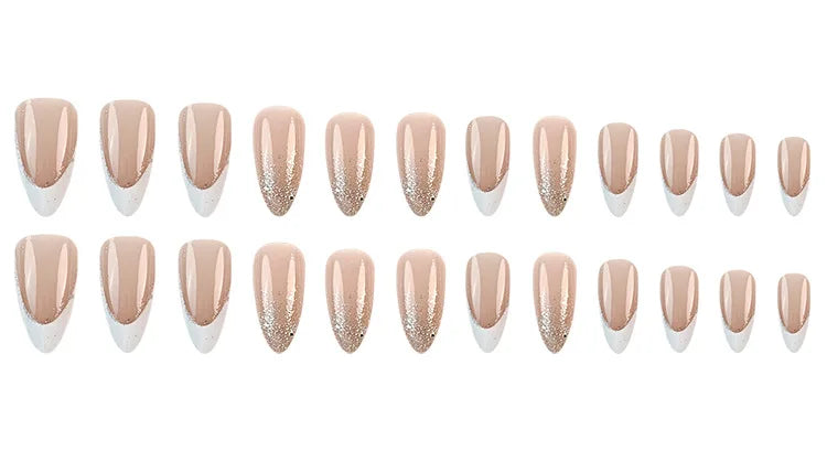 24Pcs Simple Glitter Almond False Nails with Glue Ballerina Nail Design Sweet Cool French Detachable Press on Nail Manicure Tips