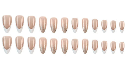 24Pcs Simple Glitter Almond False Nails with Glue Ballerina Nail Design Sweet Cool French Detachable Press on Nail Manicure Tips