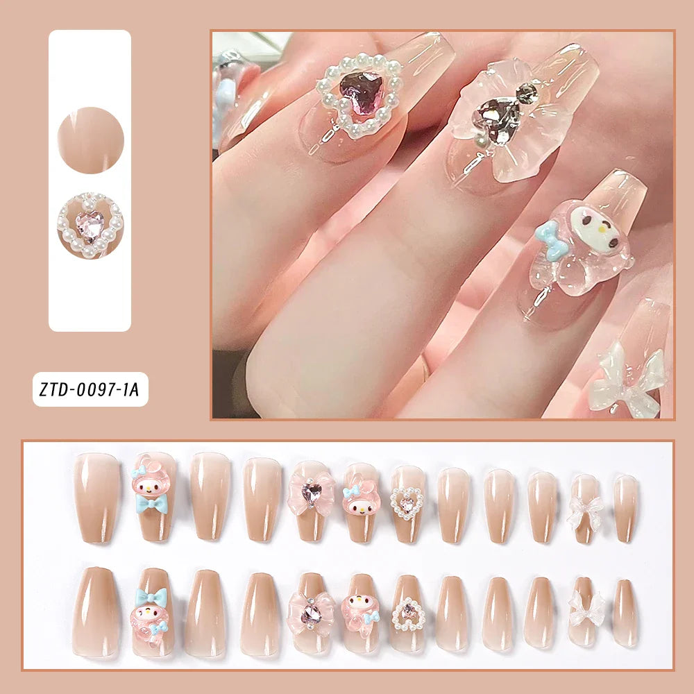 Sanrio Kawaii Pink My Melody Fake Nails 24Pc 3D kuromi Anime Cute Nail Patches False Nail Tips Cartoon Y2K Fashion Press on Nail