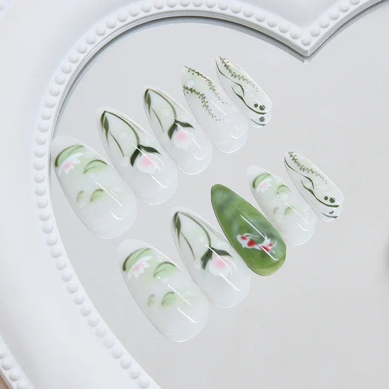 24pcs Summer Fresh Green Press On Naills Lotus Flower Gold Fish Pattern Printed Fake Nails Glossy Almond Detachable False Nail