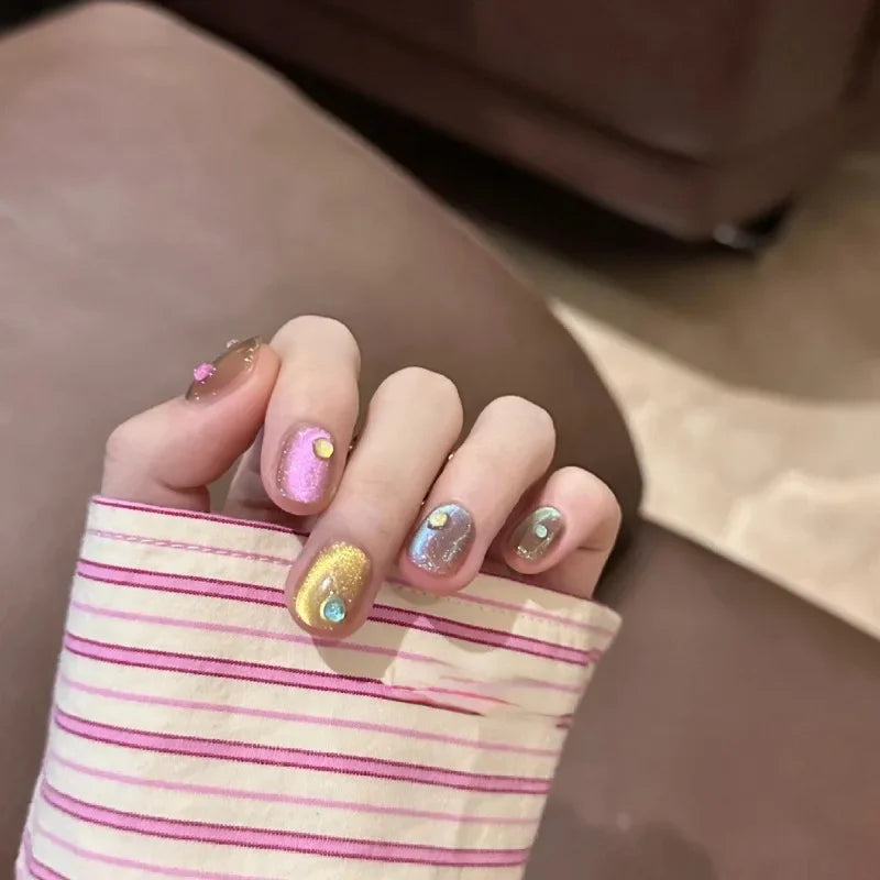 10Pcs Cat Eye Handmade Press on Nails Candy Color Fake Nails Summer Cute Wearable Stick-on Nails Full Cover False Nail Tools
