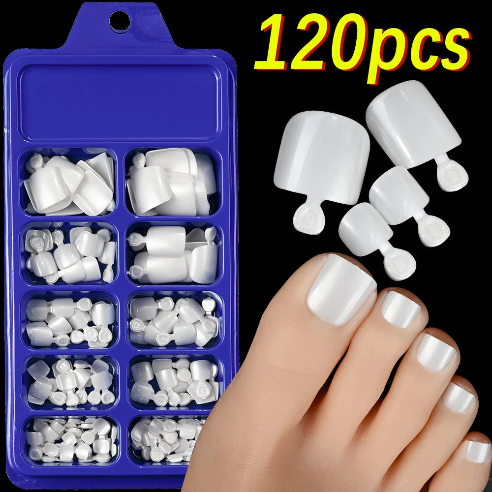 144pcs Short Square False Toe Nails Lake Blue/White/Red/Nude Press on Toenails Glossy Full Cover Toe Nails 100/120pcs Artificial