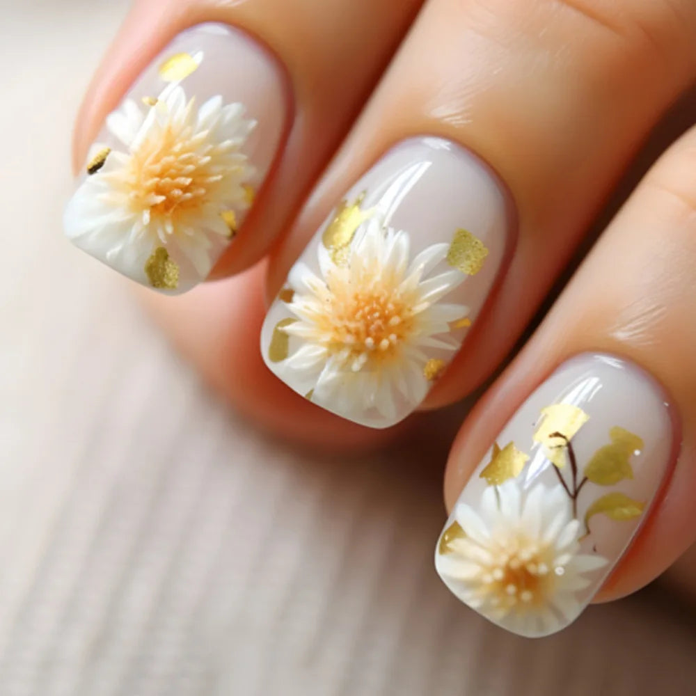 24Pcs Cute Square Stick on Fake Nail with Cartoon Panda Flower Pattern French Nail Art Acrylic Detachable Fashion False Nail Tip