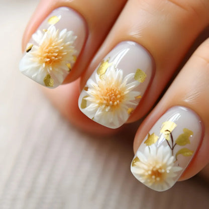24Pcs Cute Square Stick on Fake Nail with Cartoon Panda Flower Pattern French Nail Art Acrylic Detachable Fashion False Nail Tip