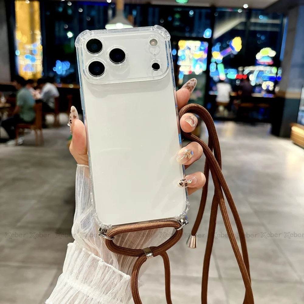 Shockproof Clear Soft Bumper Case For iPhone 17 16 15 14 Pro Max Plus Crossbody Lanyard Necklace Strap Cord Nylon Rope Cover