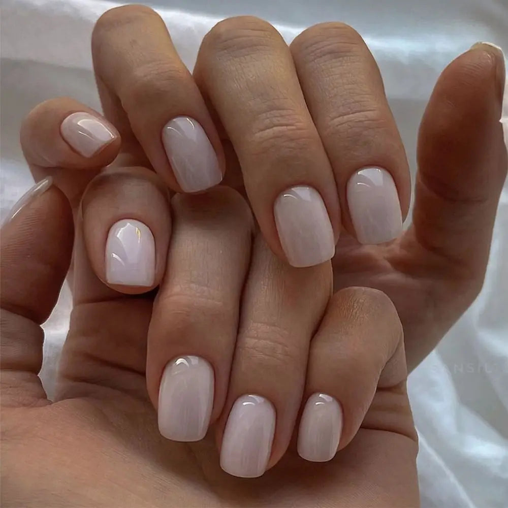 24PCS Short Square False Nails French White Edge Fake Nials Silver Flame Full Cover Press On Nails Detachable Ballerina Nail Tip