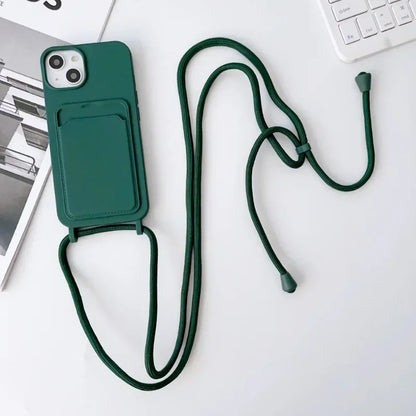 Soft Silicone Crossboby Lanyard Rope Fall Prevention Phone Case for IPhone 16 15 Pro Max 14 Plus 13 12 11 Card Slot Holder Cover