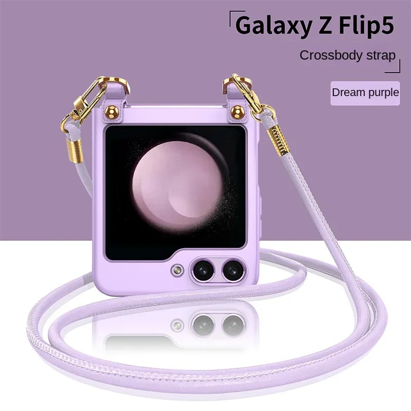 Crossbody Lanyard Phone Case for Samsung Galaxy Z Flip 6 5 Flip5 Flip6 5G Electroplated Hard Shell Shockproof Cover