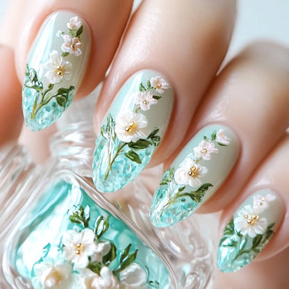24pcs Summer Fresh Green Press On Naills Lotus Flower Gold Fish Pattern Printed Fake Nails Glossy Almond Detachable False Nail