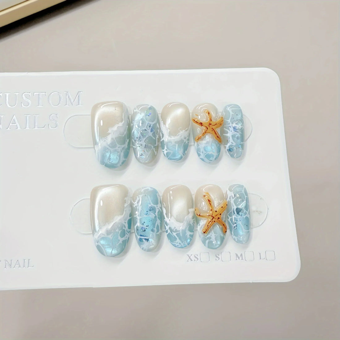 10pcs Handmade Press on Nails Summer Wave Ripple Starfish Full Coverage Nail Tips for Women&Girl Detachable Wearable Nail