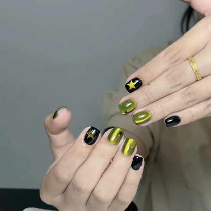 10pcs Handmade Press on Nails Short Oval Star Green Apple Cat's Eye False Nail for Women&Girls Detachable Wearable Fake Nail