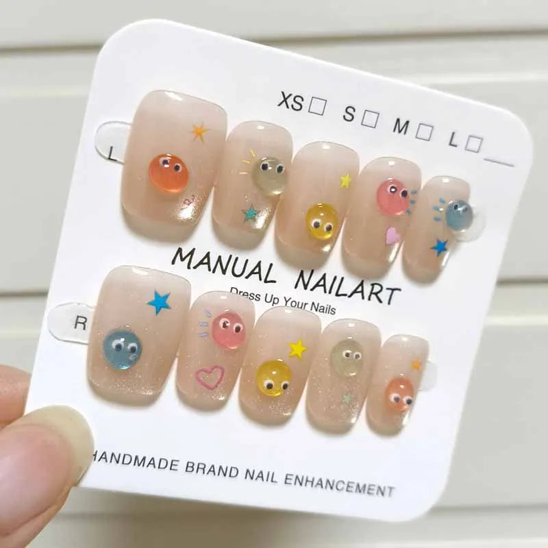 10Pcs French Style New Cute 3D Small Eyes Wearable Nails Patch Nail and Nail Accessories Press on Nails Detachable Nail Tips