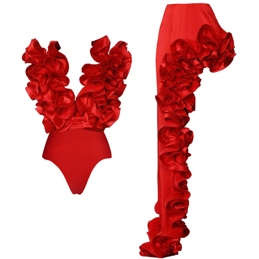 2025 Solid Red Flower One Piece Swimsuit Luxury Women Swimwear Sexy Swim Suit Deep V Monokini Off Shoulder Bodysuit Bathingsuit