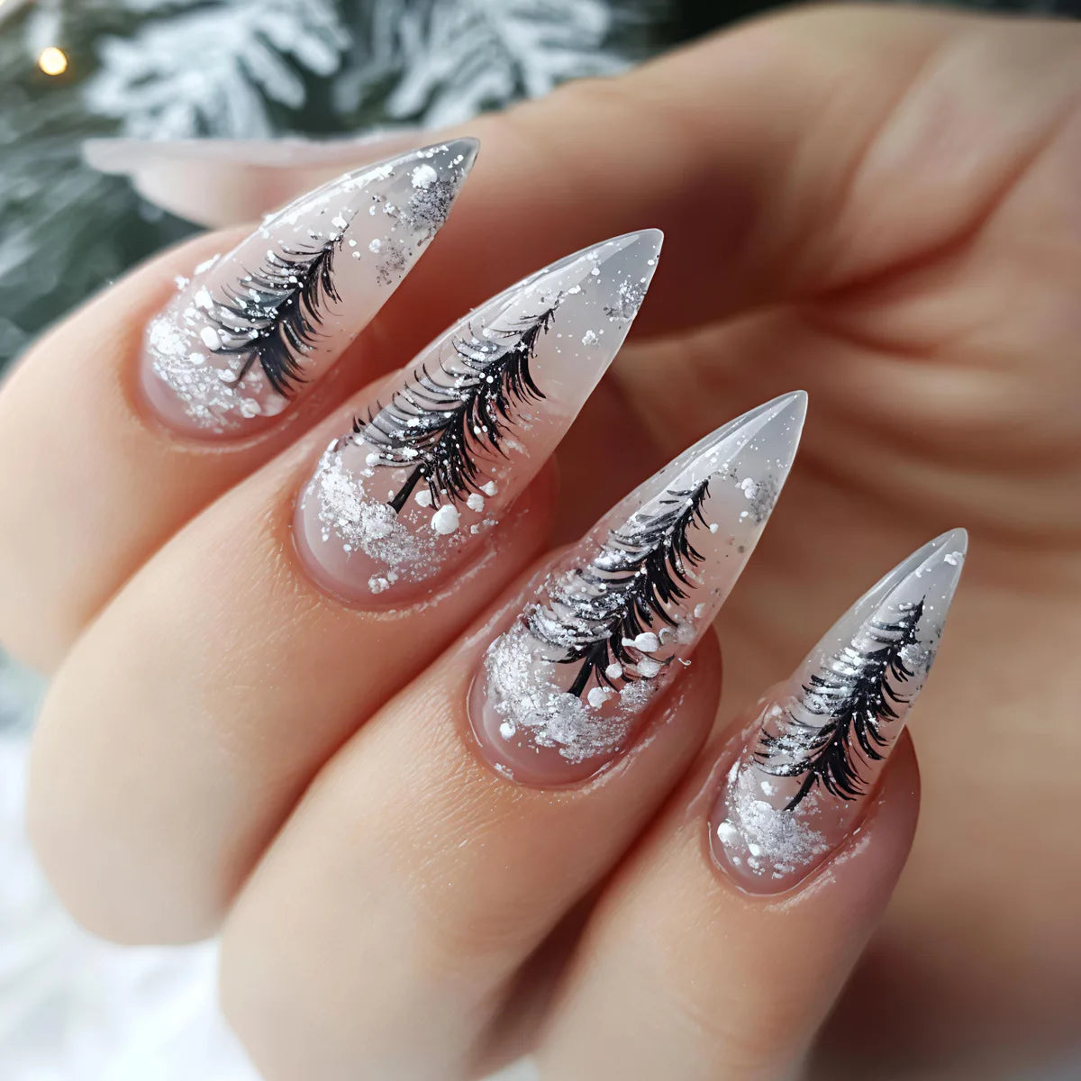 Medium long fake nails for Chirstmas party Square almond tips christmas tree snowflake gift snowman press on false nail art set