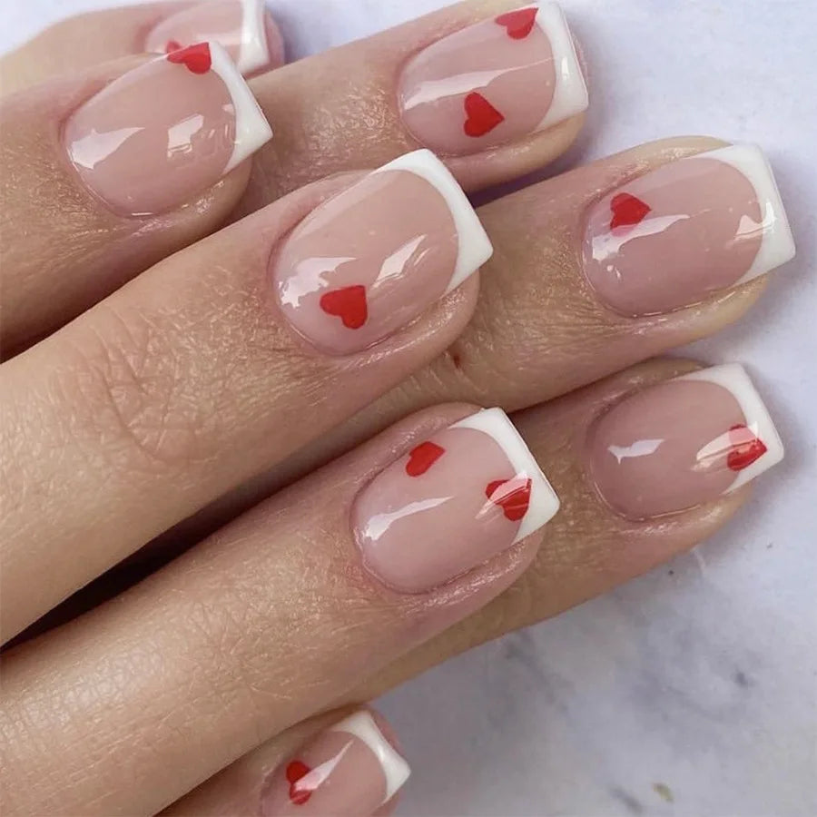 24Pcs Spring Colorful French Fake Nail with Designs Short Square Head Press on False Nails Wearable Simple Jelly Sticks on Nails