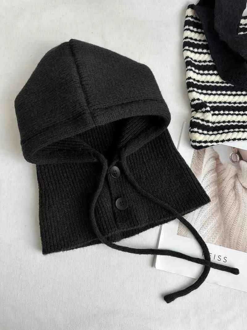 Knitted Hooded Scarf Hat Knit Balaclava Korean Outdoor Style Warm hooded scarf with adjustable drawstring