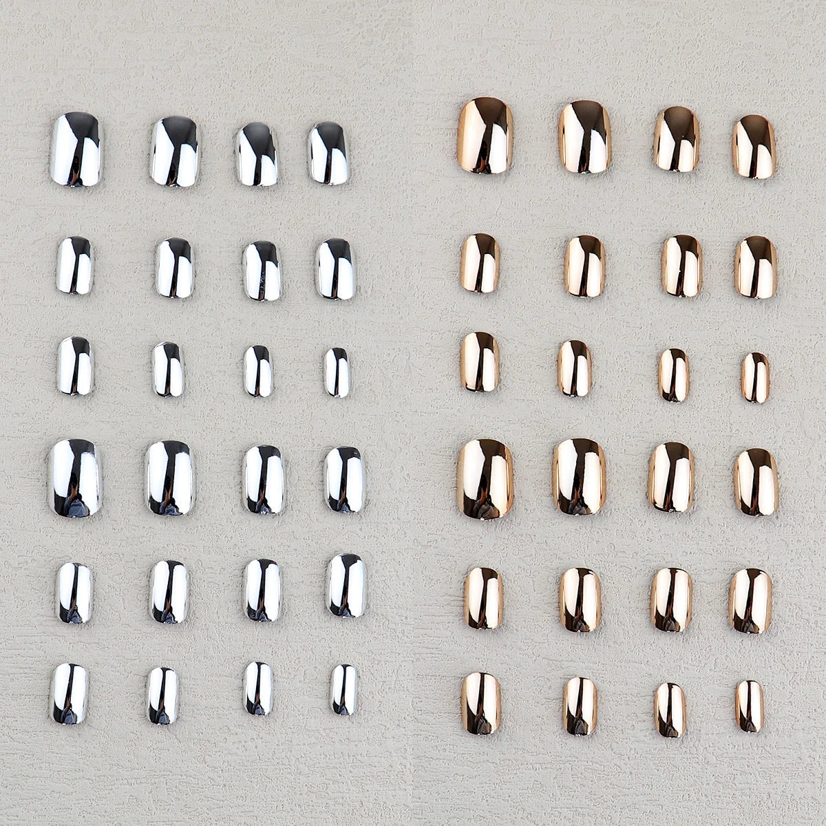 48 Pcs Gold Silver Mirror Chrome Kids Nails Press On Metalic False Nail Art Tips Pre-glue Short Oval Full Cover Fake Nails