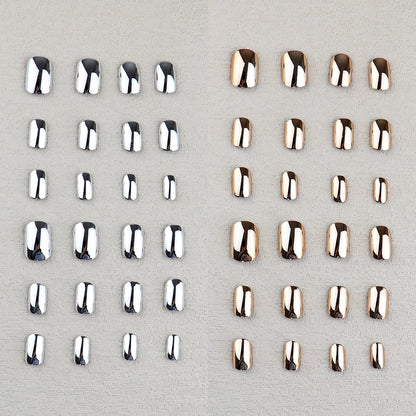 48 Pcs Gold Silver Mirror Chrome Kids Nails Press On Metalic False Nail Art Tips Pre-glue Short Oval Full Cover Fake Nails