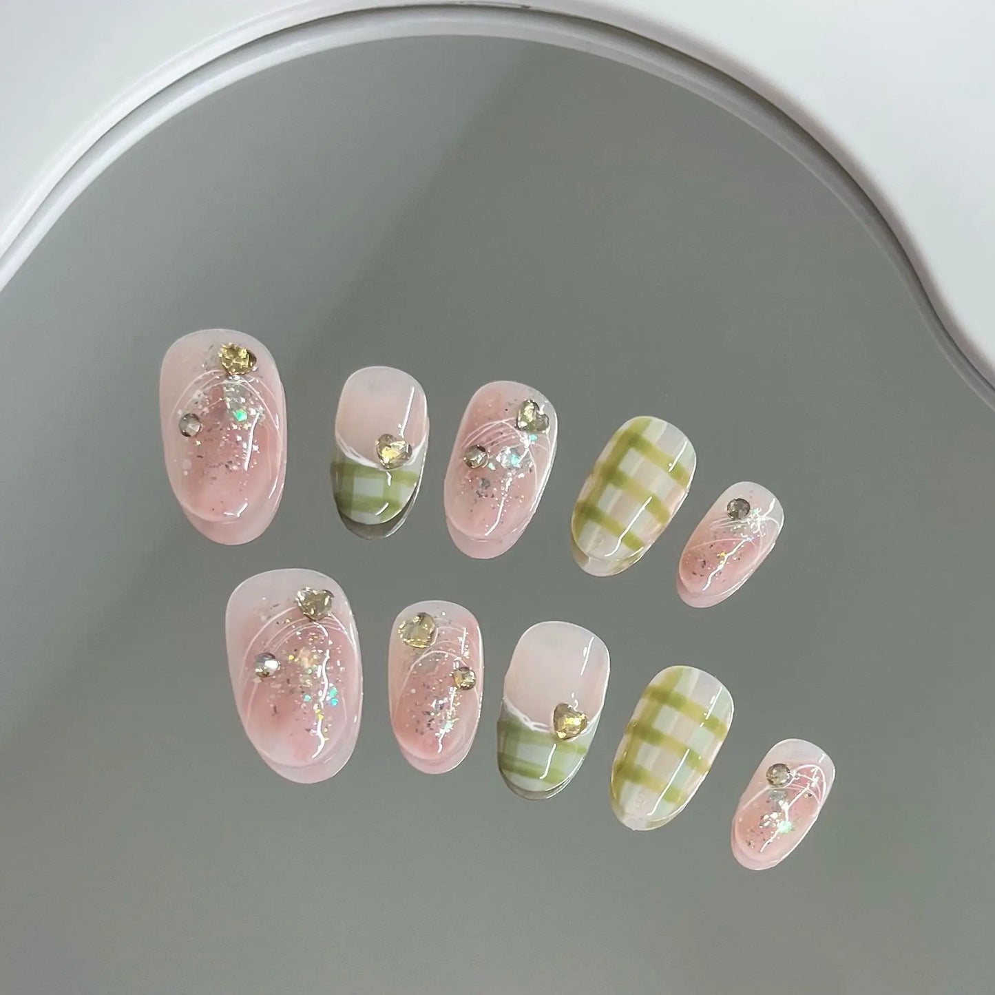 10Pcs Handmade Press on Nails Sweet Cute Fruit Full Cover Butterfly Rhinestone Short Square Ballerina Wearable Fake Nails Tips