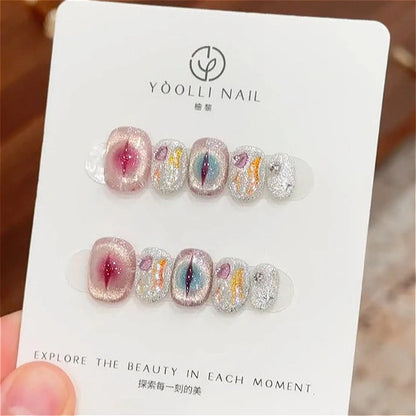 10Pcs Handmade Gothic Short Press on Nails Rhinestone Round Manicure Decoration Wearable Full Cover with Design Acrylic Nail Tip