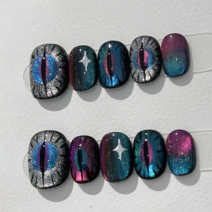 10Pcs Handmade Gothic Short Press on Nails Rhinestone Round Manicure Decoration Wearable Full Cover with Design Acrylic Nail Tip