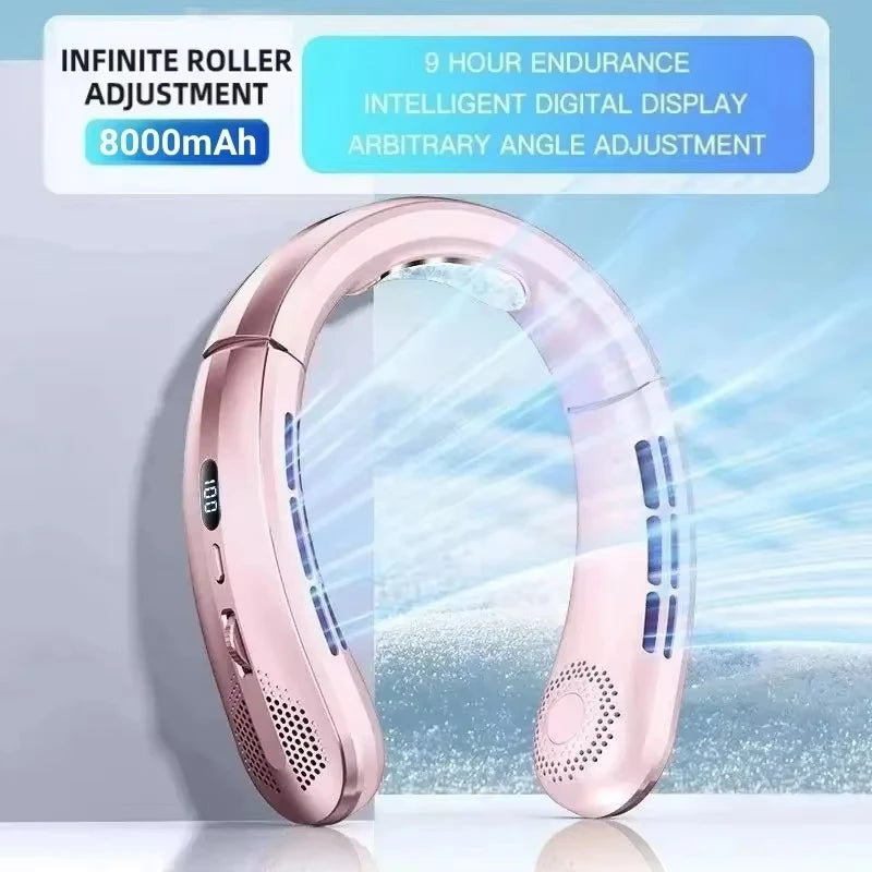 Midea 8000mAh Portable Hanging Neck Fan Bladeless Neckband Fan Digital Display Power Air Cooler USB Rechargeable Electric Fan