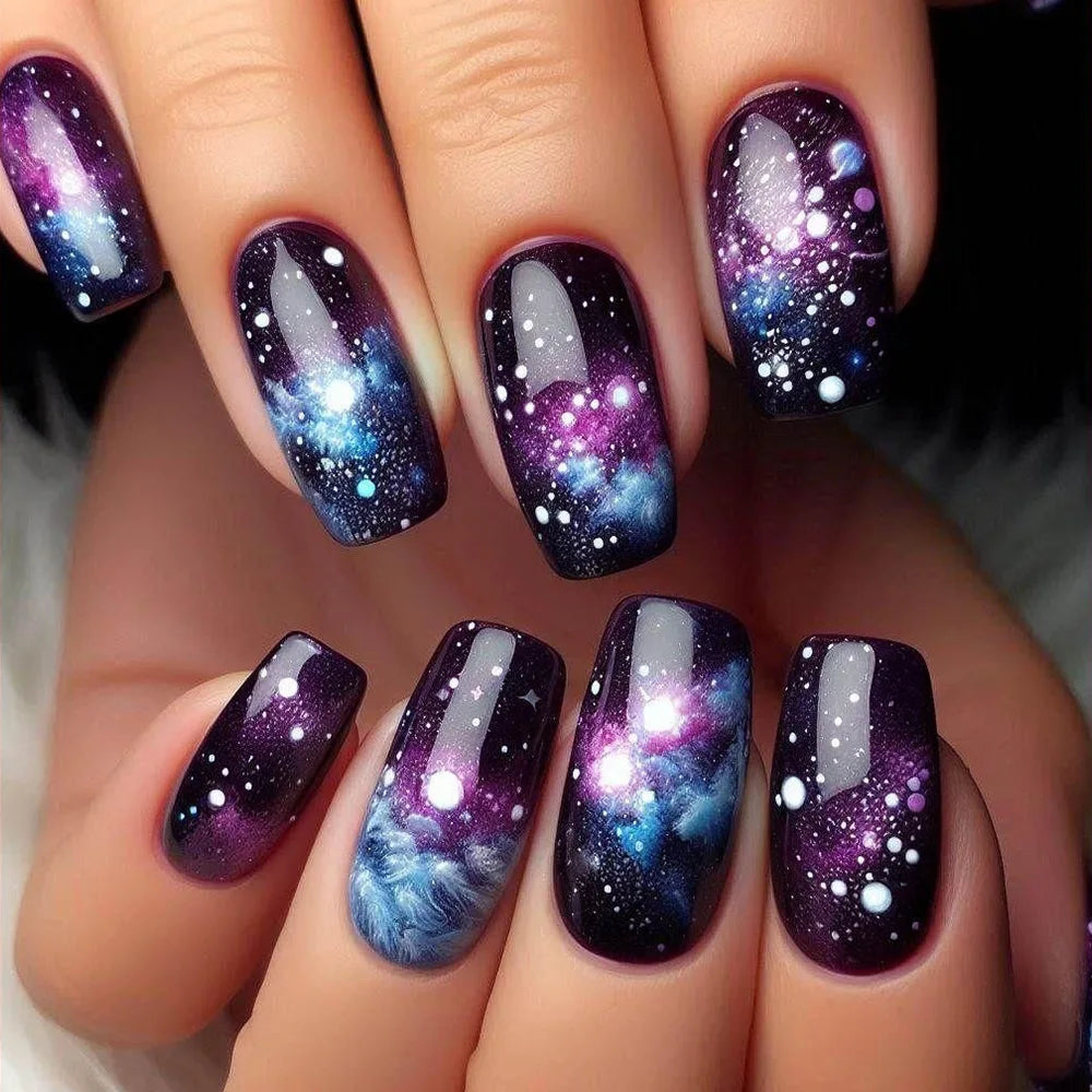 24pcs Golden Stripe Press on Nails Shiny Powder Love Design Long Square False Nails Wearable Full Cover Nail Tips Blue Fake Nail