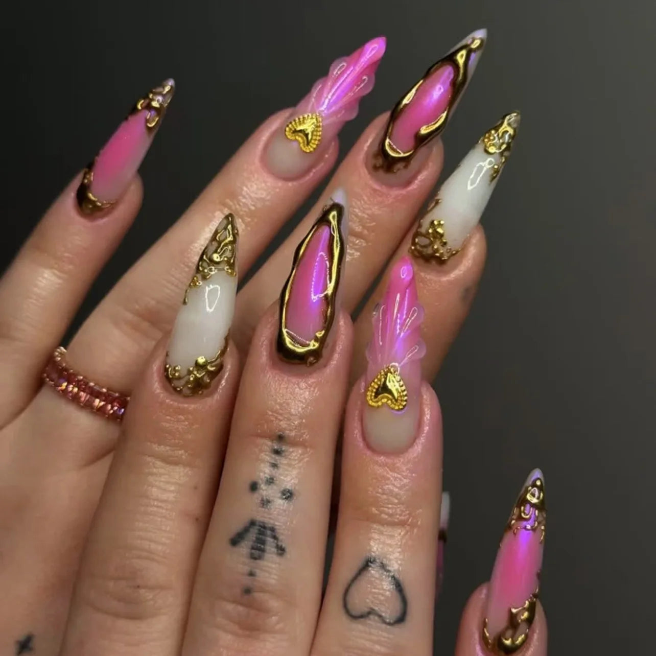 24Pcs Y2k Almond Acrylic Nails Full Cover 3D Diamond Black Nail Art Sweet Cool French Wearable Fake Nail Manicure Tips for Girls