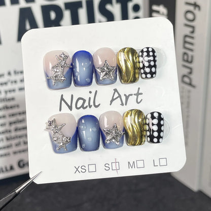 10pcs/set Handmade Press-On Nails - Blue Glossy Fish & Bubbles Design Short Oval Fake Nails with Cat Eye Effect False Nails