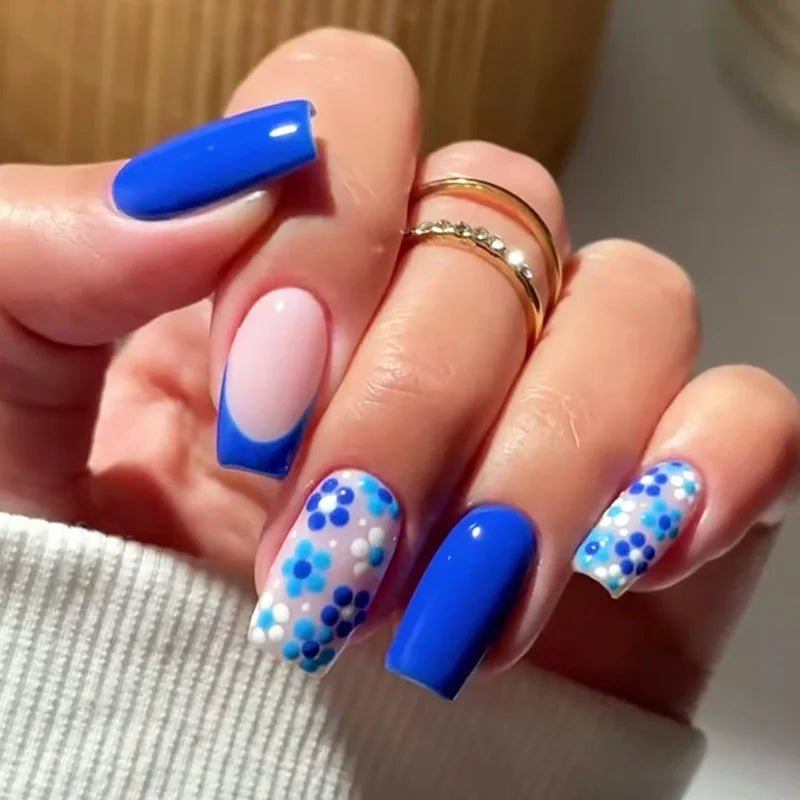 24Pcs Fashion Fake Nails Press on Long Ballet False Nails Art with Flower Design Brown Detachable Full Cover Nail Tips Manicure