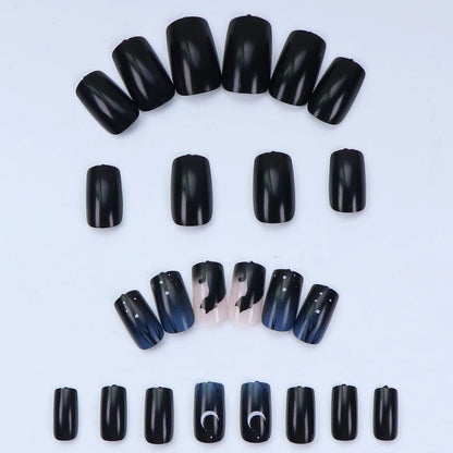 24PCS Design Short Square Shiny Black Cat Acrylic Fake Nail Glue And Blue Gradient Paste Suitable For Women And Girls