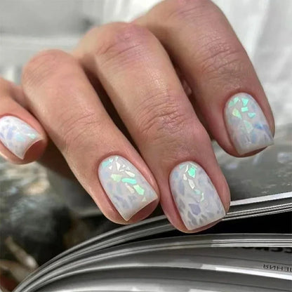 24Pcs Shiny Pearl Wearable False Nails Short Square Fake Nail Simple Summer Press on Nails Detachable Full Cover Nail Tips