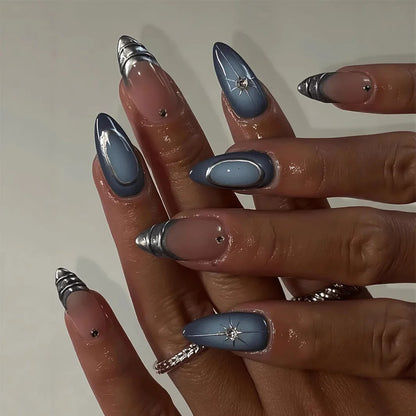 24Pcs False Nails Spicy Girl Silver Bow with Diamond Fake Nails with Glue Almond Press on Nails Black Cool Y2k Almond Nail Set