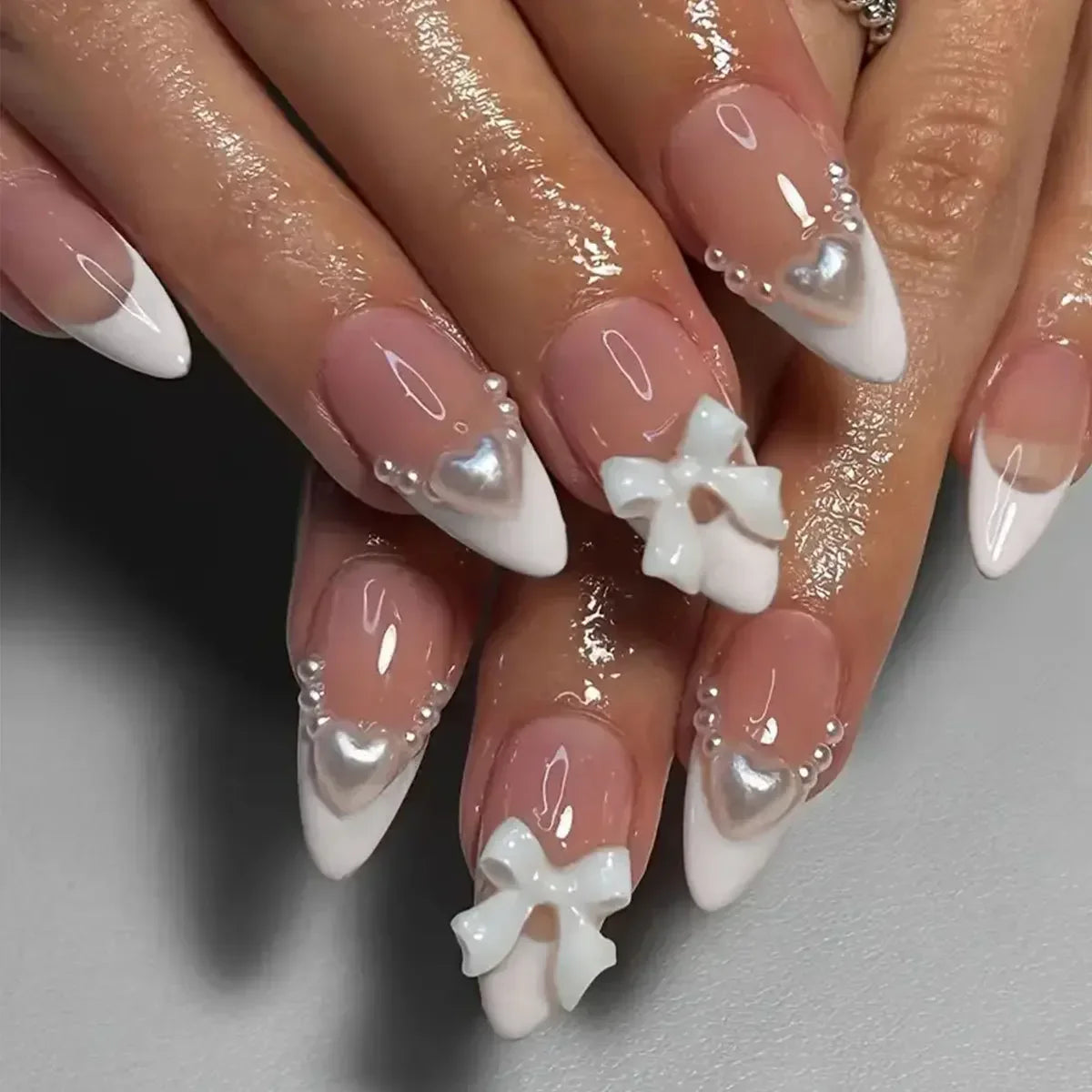 24Pcs Almond Press-On Nails in Pink Cat Eye with Heart & Strawberry Designs – Glossy Acrylic Stick-On Nails for Women & Girls
