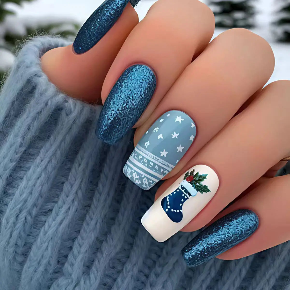 Medium Long fake nails for Christmas Black red blue nail tips white snowflakes fireworks Square almond tips press on false nails