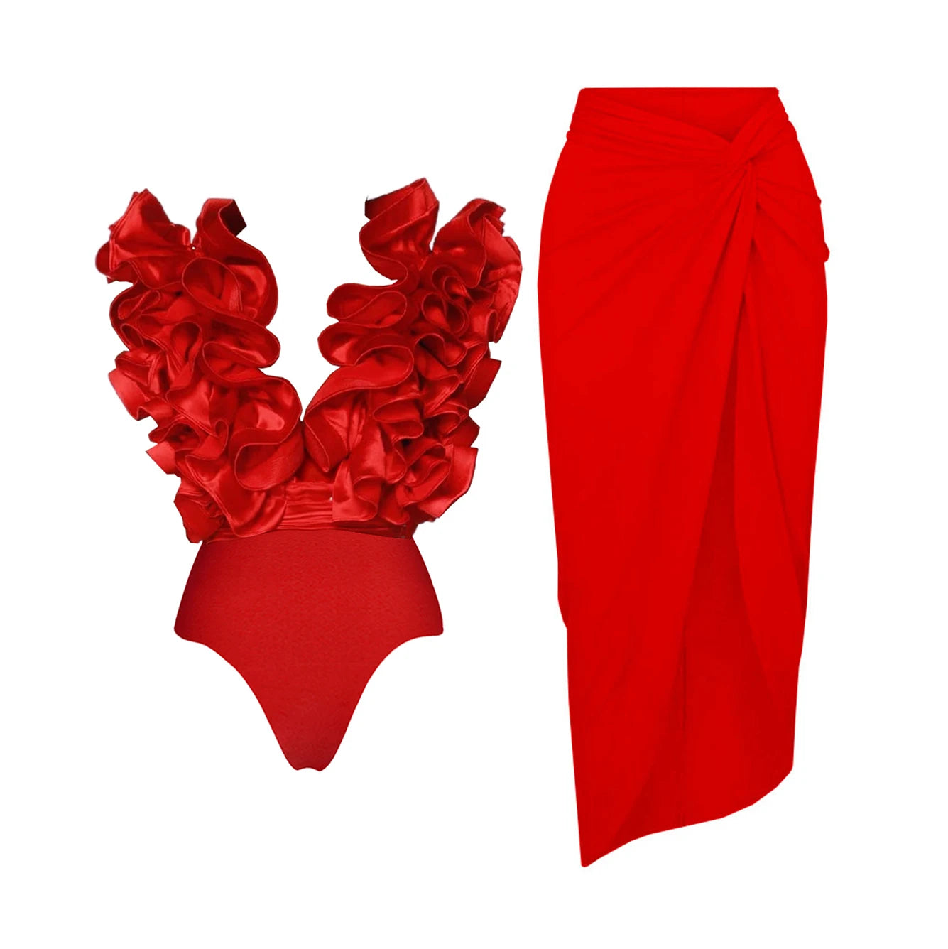 2025 Solid Red Flower One Piece Swimsuit Luxury Women Swimwear Sexy Swim Suit Deep V Monokini Off Shoulder Bodysuit Bathingsuit