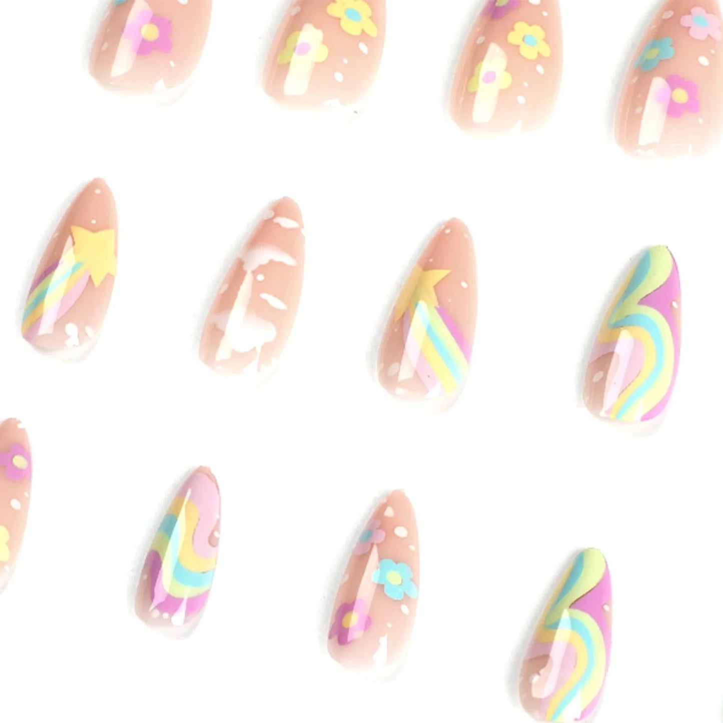 24pcs Cute Colorful False Nail Tips for Girl Rainbow Cloud Star Printed Almond Fake Nails Full Cover Reusable Adhesive Fake Nail