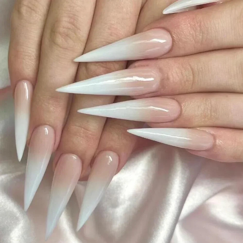 24Pcs White Gradient Press on False Nails Acrylic Stiletto Almond Fake Nail Wearable Solid Color Simple Full Cover Manicure Tips