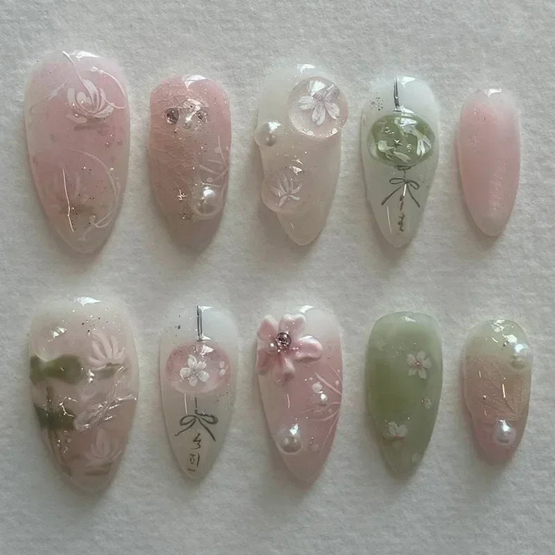 24Pcs Pink Almond False Nails Sweet Summer Fake Nail Cute Flowers Pearl Nails Press Ons Colorful Monet Press on Nails for Girls
