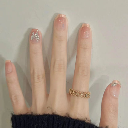 10Pcs Sweet Heart Nail Glitter Diamond Fake Nails Cute French Short Square Press on Nails Cat Eye Pearl Fake Nails Nude Natural
