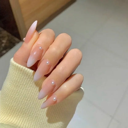 24Pcs Long Almond Fake Nails with White Edge Design Wearable French Press on False Nails Simple Full Cover Nail Tips Manicure
