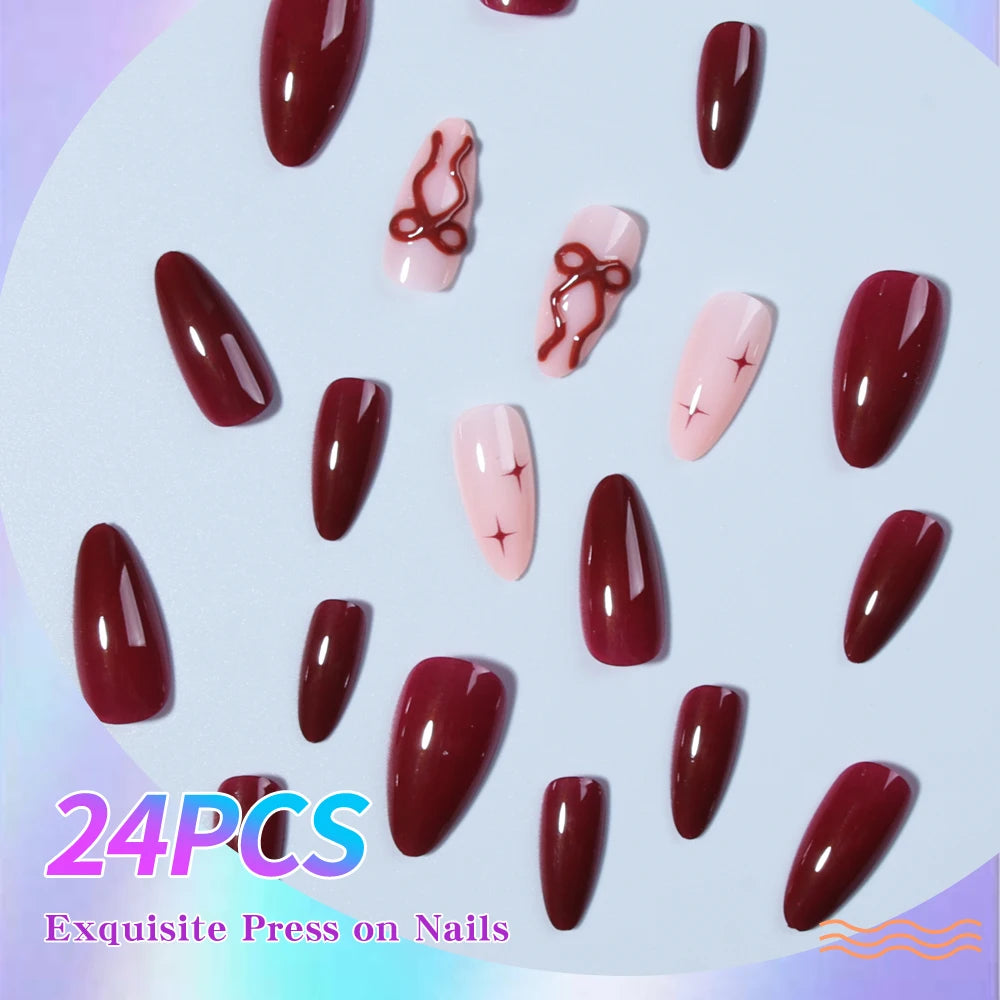 24Pcs 3d gelnails makes bow design French tip Press on Nails almond design Fit Perfectly Acrylic False Nails set,Include: 1pcs J