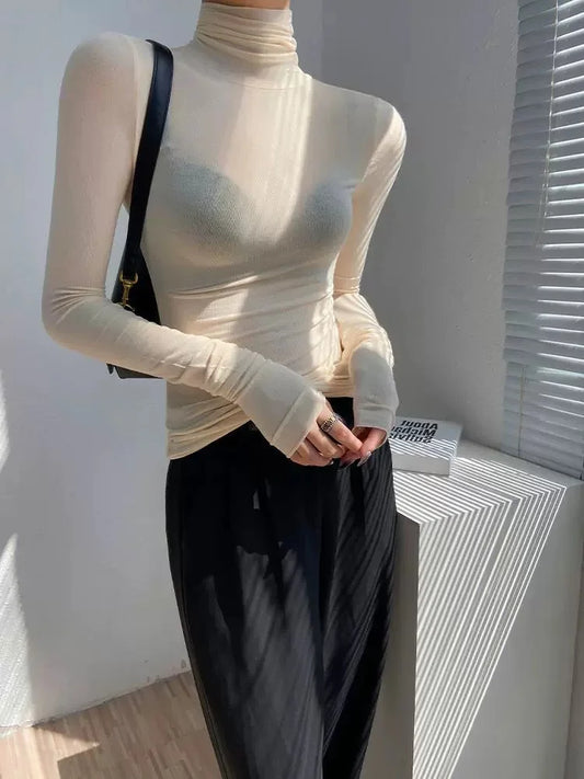 Korean style standing collar long sleeved T-shirt, high collar bottom shirt, women's slim fit slightly transparent top
